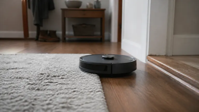 Robot vacuum at the edge of a rug near a wooden threshold