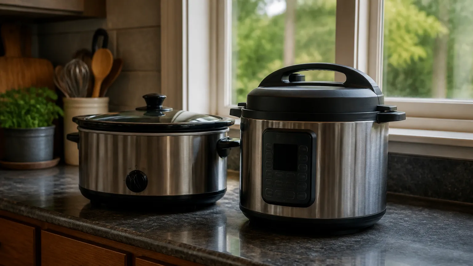 Slow cooker and pressure cooker placed together on a kitchen counter.