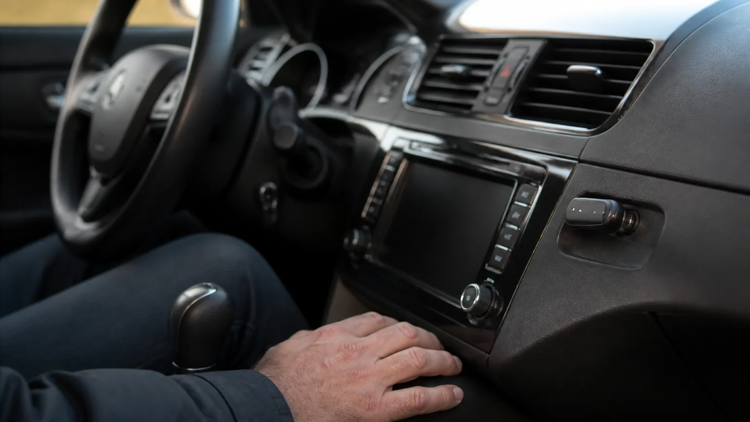 Hand near a small adapter plugged into a car dashboard USB port.